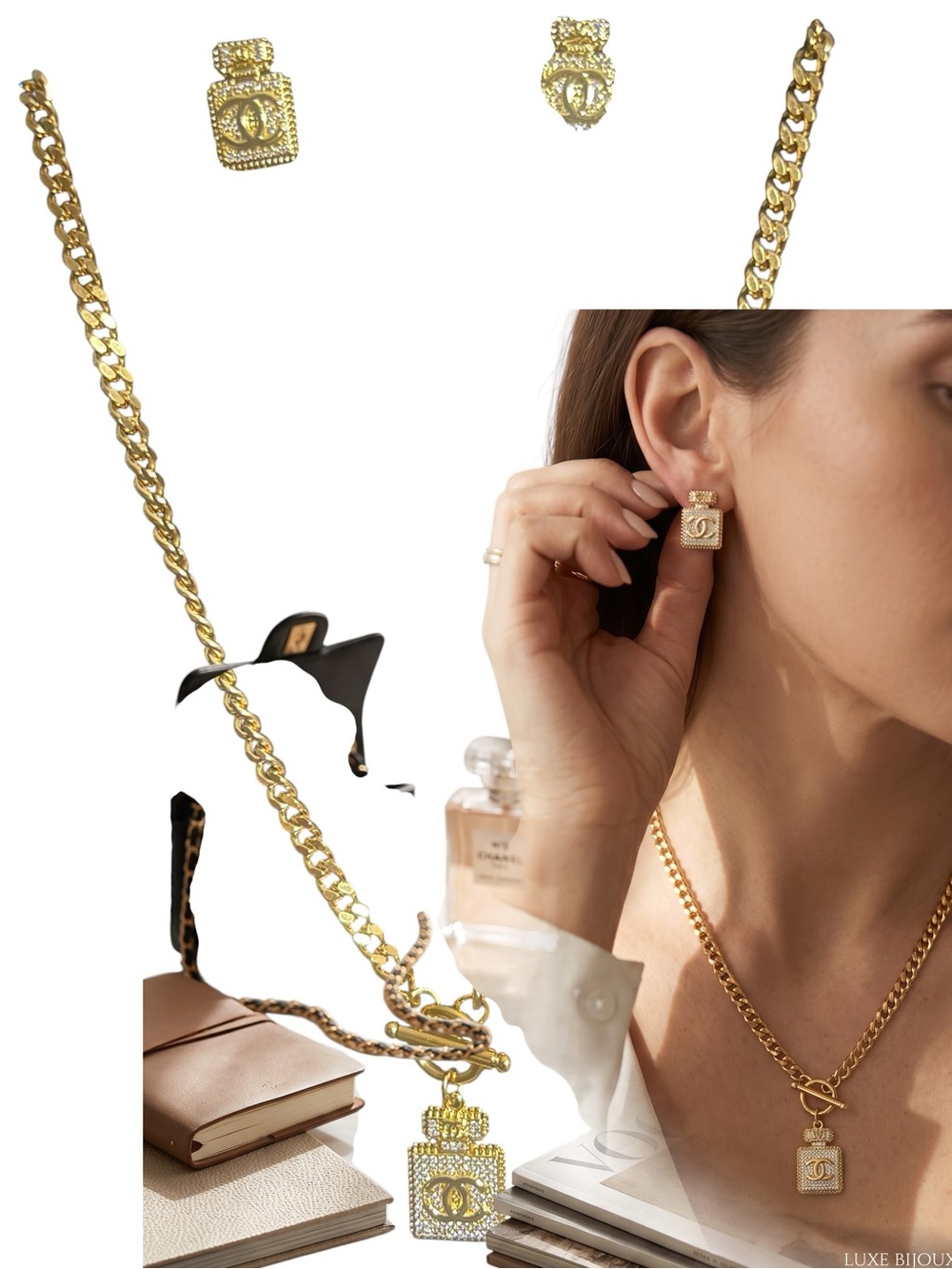 Gold Perfume Bottle Pendant Necklace and Earring Set - solid stainless Finish